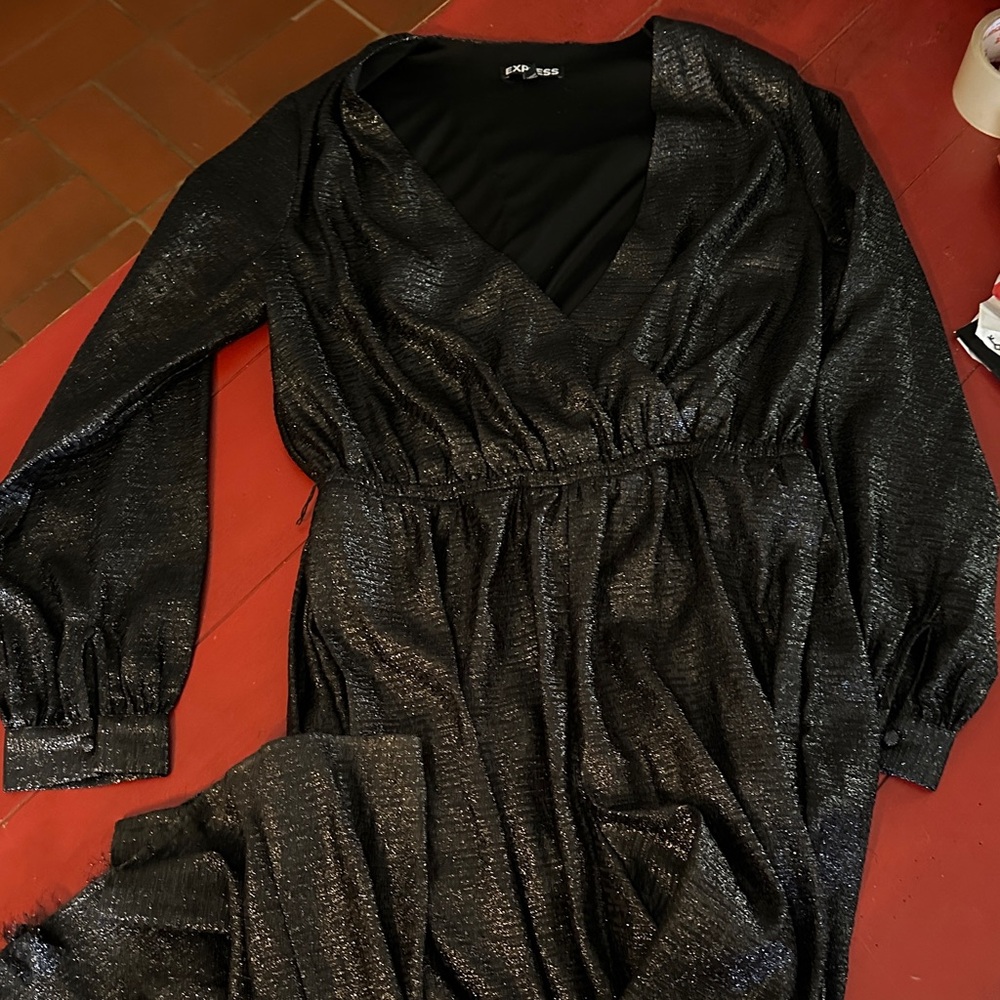 Express M Black Romper with Shimmering Detail, lined, one hem damaged as shown.